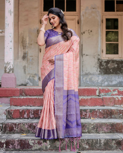 Peach and Purple Floral Digital Print Banarasi Silk Saree with Zari Weave and Tassel-Adorned Pallu