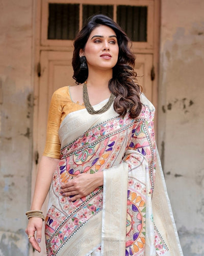 Off-White and Multicolor Mandala Design Banarasi Silk Saree with Zari Weave and Tassel-Adorned Pallu