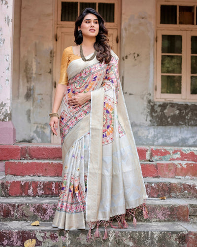 Off-White and Multicolor Mandala Design Banarasi Silk Saree with Zari Weave and Tassel-Adorned Pallu