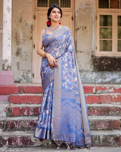 Majestic Blue Banarasi Silk Saree with Delicate Floral Zari Work and Tassel-Embellished Pallu