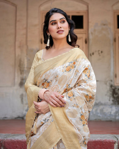 Ivory and Gold Banarasi Silk Saree with Floral Print, Zari Border, and Tassels