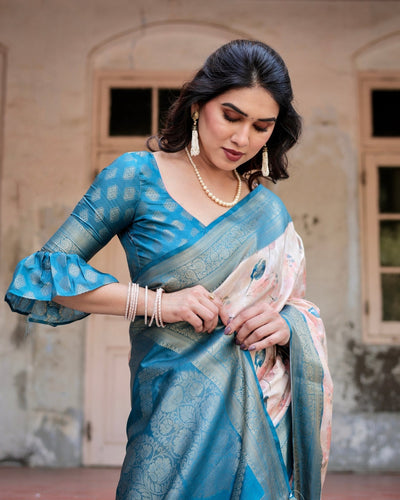 Peach and Teal Floral Digital Print Banarasi Silk Saree with Zari Weave and Tassel-Adorned Pallu
