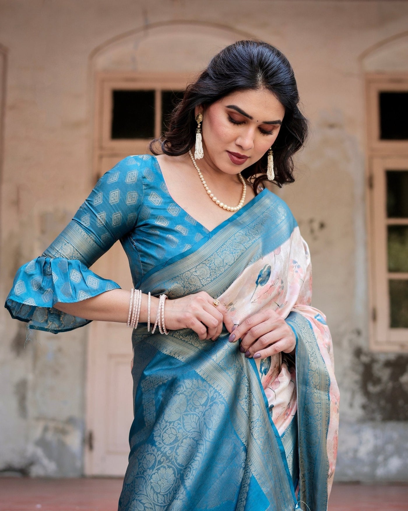 Peach and Teal Floral Digital Print Banarasi Silk Saree with Zari Weave and Tassel-Adorned Pallu