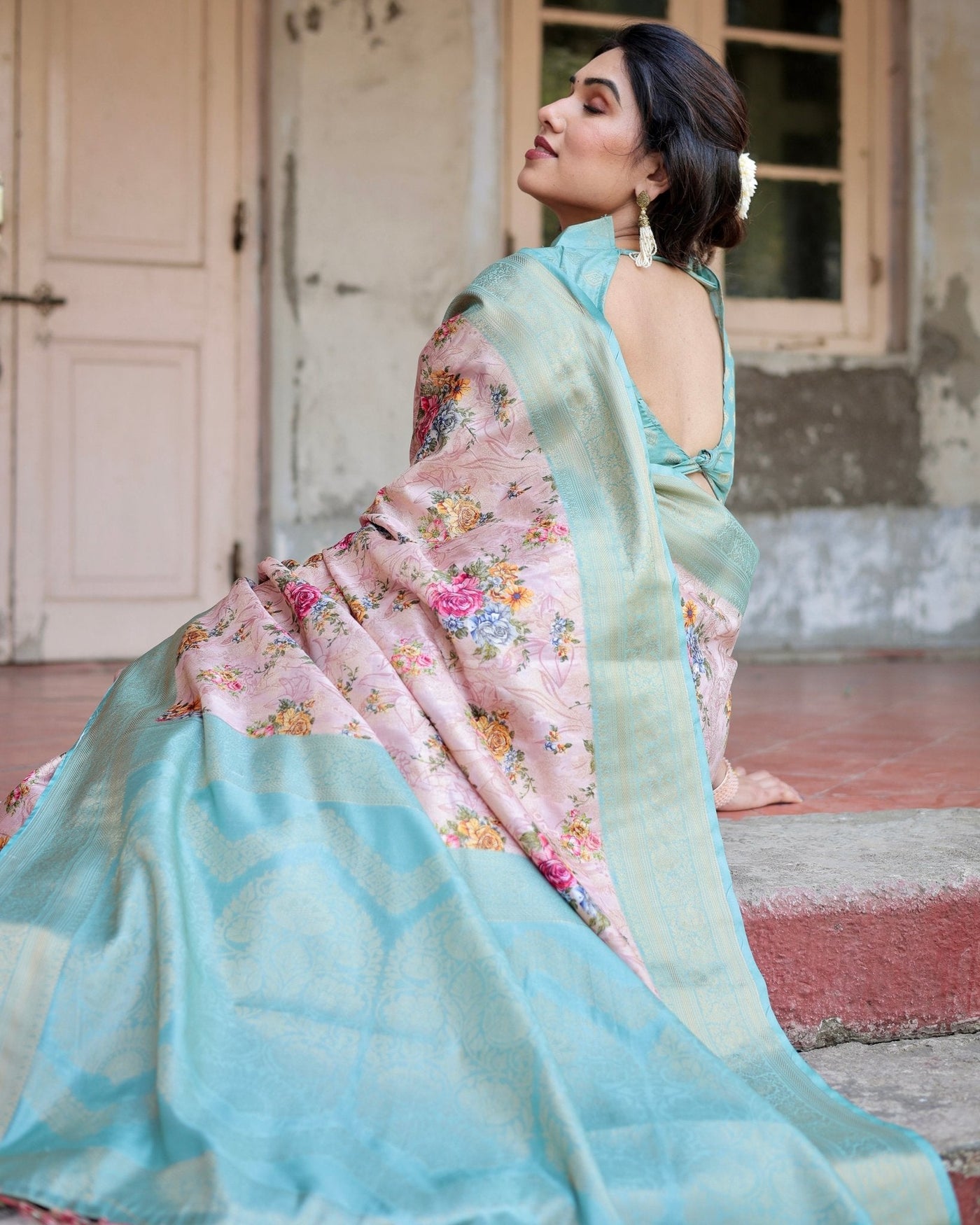 Pink and Green Floral Digital Print Banarasi Silk Saree with Zari Weave and Tassel Pallu