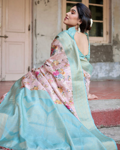 Pink and Green Floral Digital Print Banarasi Silk Saree with Zari Weave and Tassel Pallu