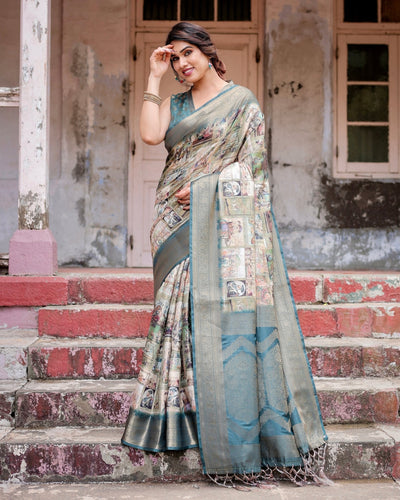 Graceful Teal Banarasi Silk Saree with Digital Vintage Prints and Zari Weaving