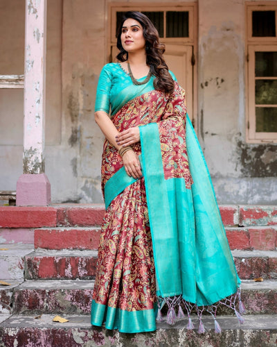Maroon and Teal Paisley Design Banarasi Silk Saree with Zari Weave and Tassel-Embellished Pallu