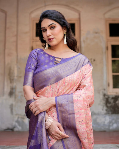 Peach and Purple Floral Digital Print Banarasi Silk Saree with Zari Weave and Tassel-Adorned Pallu