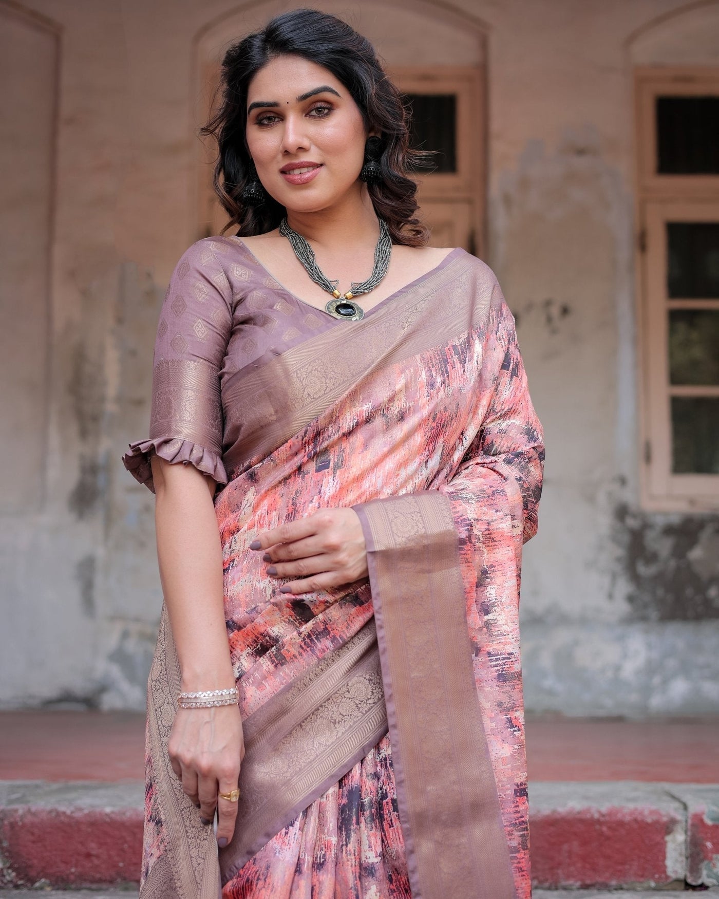 Peach and Brown Abstract Design Banarasi Silk Saree with Zari Weave and Tassel-Embellished Pallu