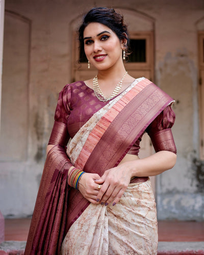 Marble-Print Banarasi Silk Saree in Deep Maroon with Zari Weaving and Tassels