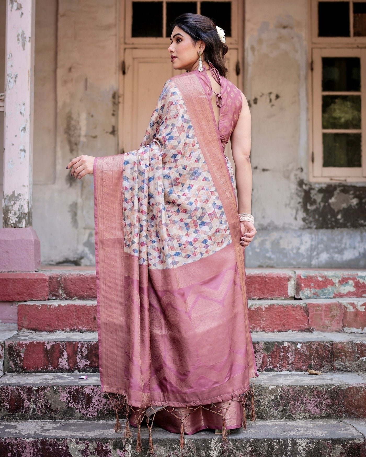 Beige and Pink Geometric Print Banarasi Silk Saree with Zari Weave and Tassel-Embellished Pallu