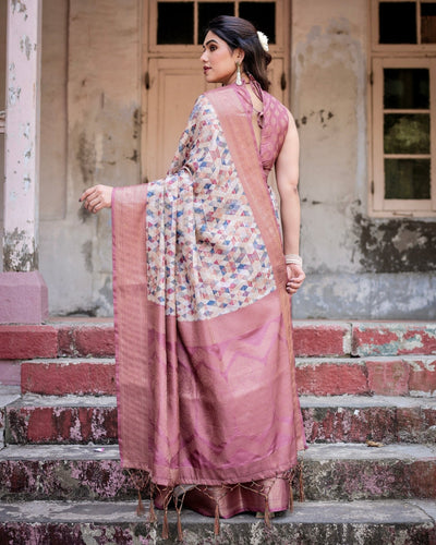 Beige and Pink Geometric Print Banarasi Silk Saree with Zari Weave and Tassel-Embellished Pallu