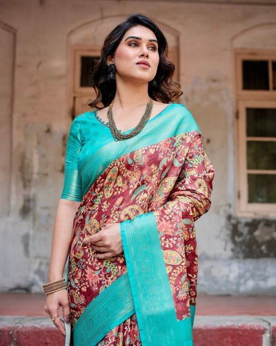 Maroon and Teal Paisley Design Banarasi Silk Saree with Zari Weave and Tassel-Embellished Pallu