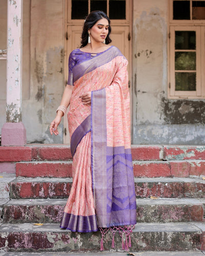 Peach and Purple Floral Digital Print Banarasi Silk Saree with Zari Weave and Tassel-Adorned Pallu