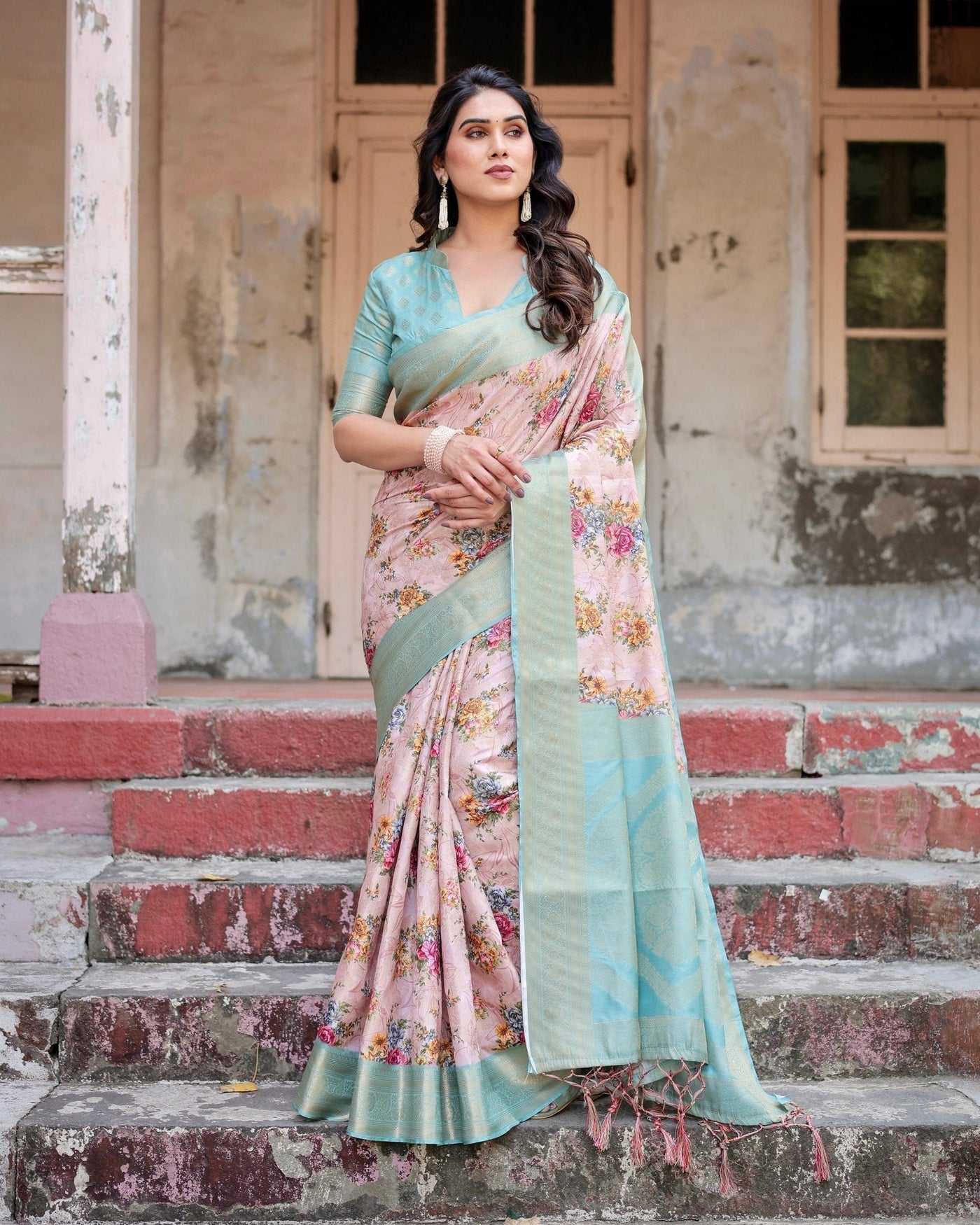 Pink and Green Floral Digital Print Banarasi Silk Saree with Zari Weave and Tassel Pallu
