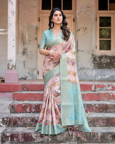 Pink and Green Floral Digital Print Banarasi Silk Saree with Zari Weave and Tassel Pallu