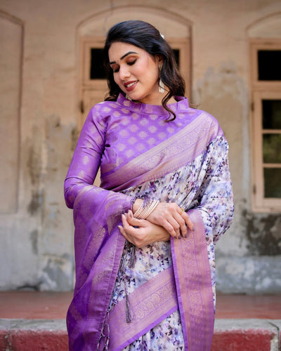 Lavender and White Geometric Floral Digital Print Banarasi Silk Saree with Zari Weave and Tassel-Embellished Pallu