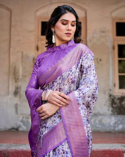 Lavender and White Geometric Floral Digital Print Banarasi Silk Saree with Zari Weave and Tassel-Embellished Pallu