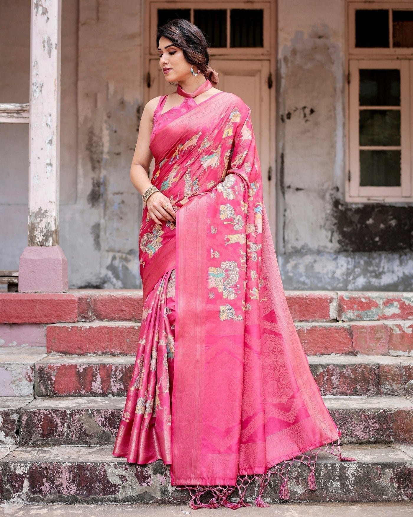 Regal Pink Banarasi Silk Saree with Zari Weave and Intricate Tassels
