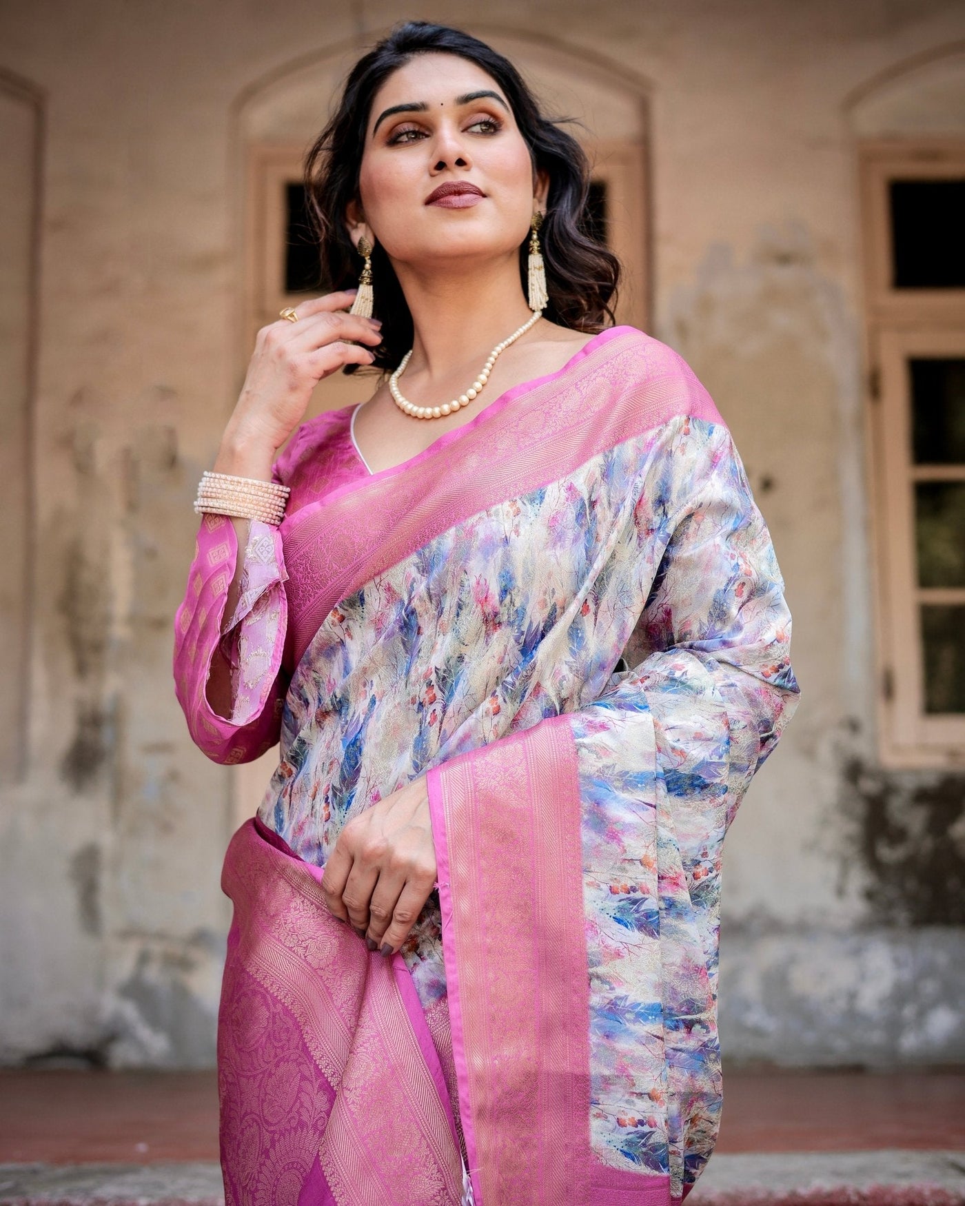 White and Pink Floral Digital Print Banarasi Silk Saree with Zari Weave and Tassel-Embellished Pallu