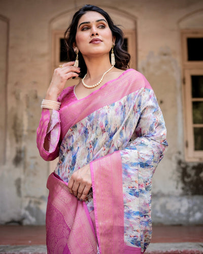 White and Pink Floral Digital Print Banarasi Silk Saree with Zari Weave and Tassel-Embellished Pallu