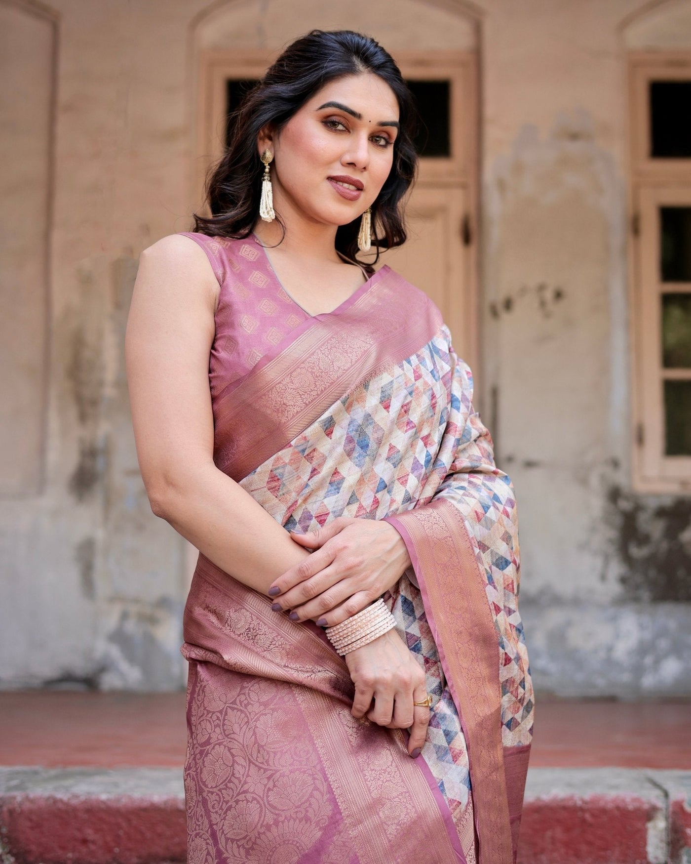 Beige and Pink Geometric Print Banarasi Silk Saree with Zari Weave and Tassel-Embellished Pallu
