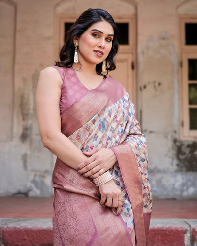 Beige and Pink Geometric Print Banarasi Silk Saree with Zari Weave and Tassel-Embellished Pallu