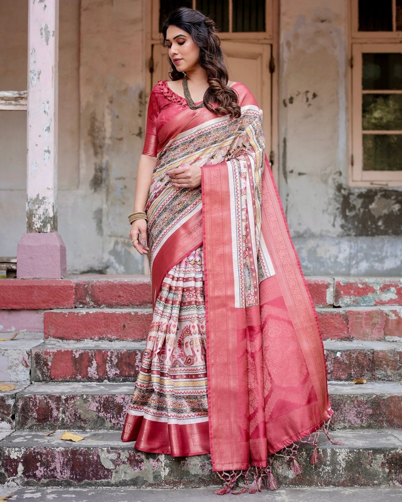 Red and Multicolor Digital Print Banarasi Silk Saree with Zari Weave and Tassel-Adorned Pallu
