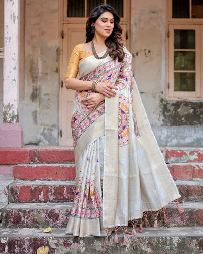 Off-White and Multicolor Mandala Design Banarasi Silk Saree with Zari Weave and Tassel-Adorned Pallu