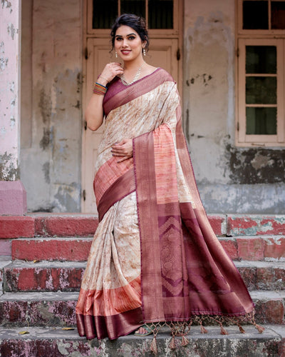 Marble-Print Banarasi Silk Saree in Deep Maroon with Zari Weaving and Tassels