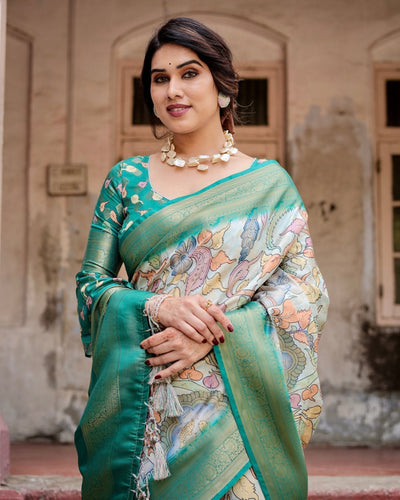 Graceful Green Banarasi Silk Saree with Vibrant Motifs and Zari Woven Pallu