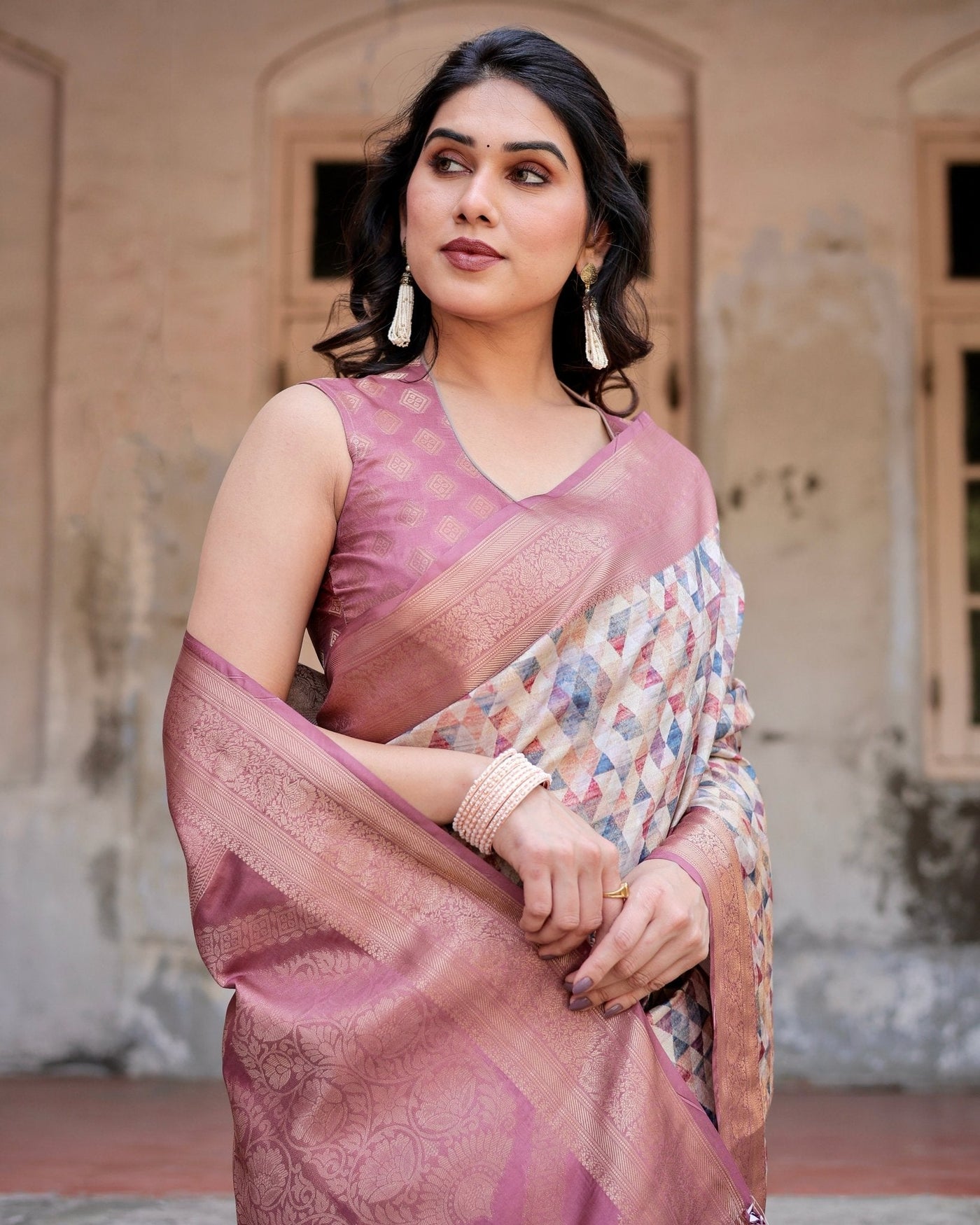 Beige and Pink Geometric Print Banarasi Silk Saree with Zari Weave and Tassel-Embellished Pallu