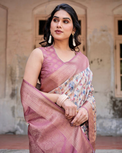 Beige and Pink Geometric Print Banarasi Silk Saree with Zari Weave and Tassel-Embellished Pallu