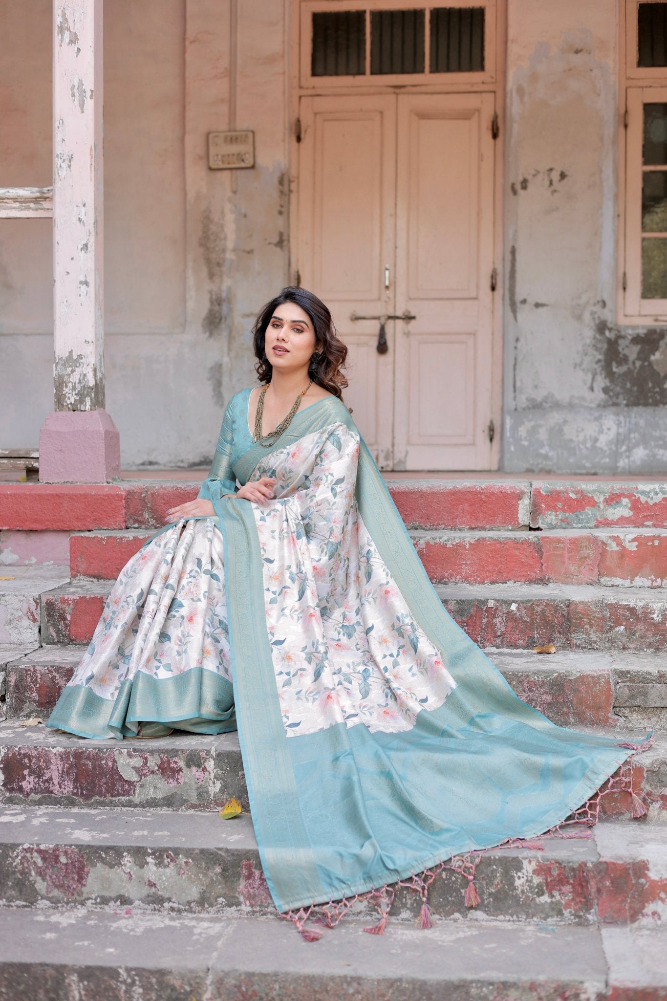 White and Aqua Floral Digital Print Banarasi Silk Saree with Zari Weave and Tassel-Adorned Pallu