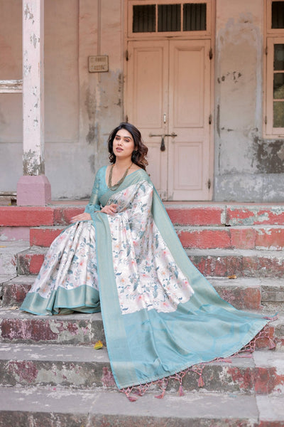 White and Aqua Floral Digital Print Banarasi Silk Saree with Zari Weave and Tassel-Adorned Pallu