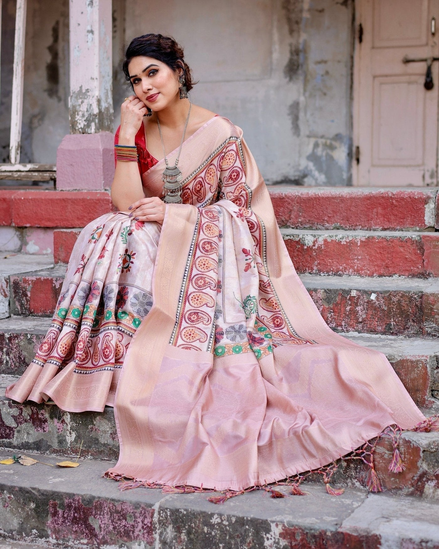 Peach Banarasi Silk Saree with Intricate Paisley and Floral Design
