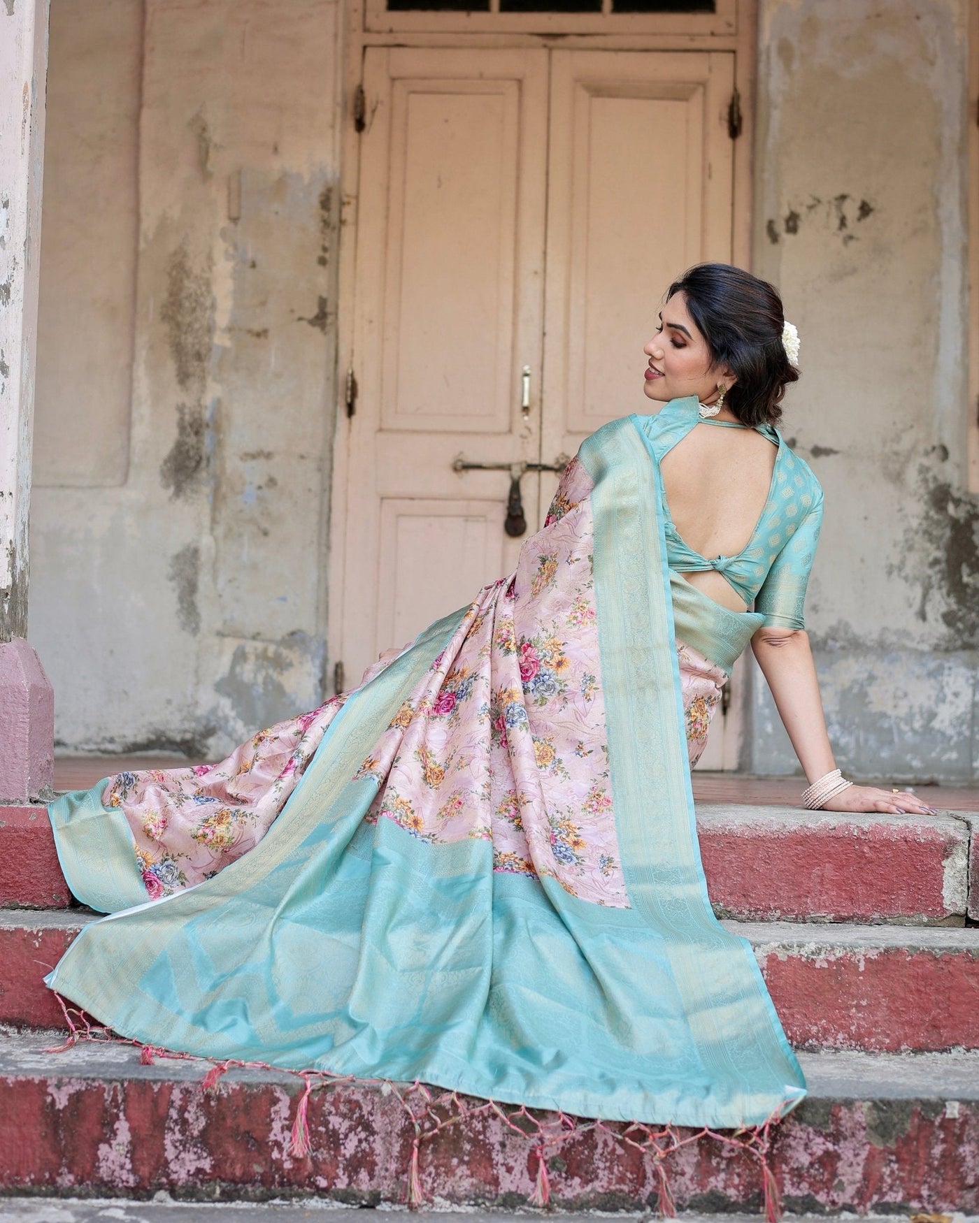 Pink and Green Floral Digital Print Banarasi Silk Saree with Zari Weave and Tassel Pallu