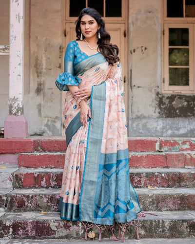 Peach and Teal Floral Digital Print Banarasi Silk Saree with Zari Weave and Tassel-Adorned Pallu