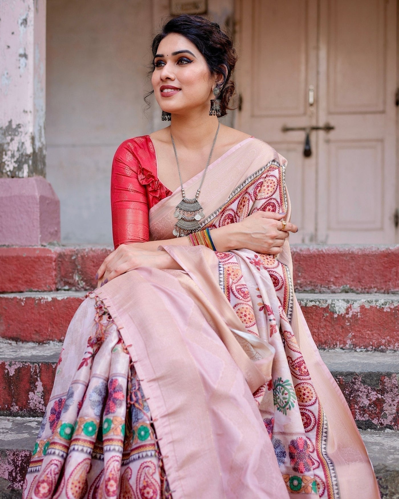 Peach Banarasi Silk Saree with Intricate Paisley and Floral Design
