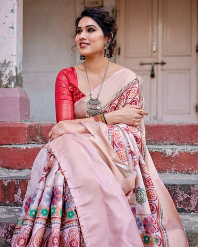 Peach Banarasi Silk Saree with Intricate Paisley and Floral Design