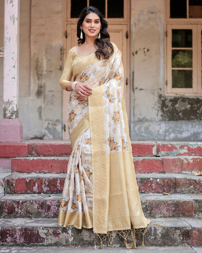Ivory and Gold Banarasi Silk Saree with Floral Print, Zari Border, and Tassels