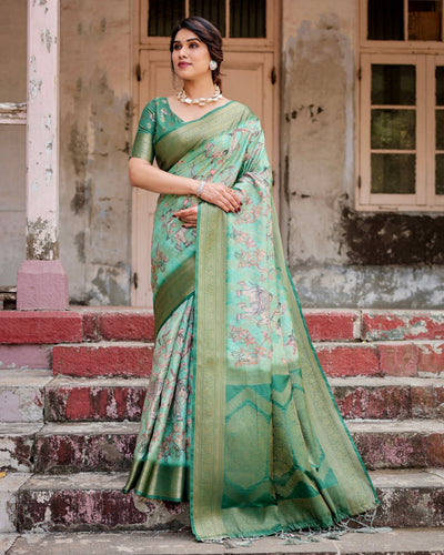 Graceful Green Banarasi Silk Saree with Intricate Floral and Elephant Weaves