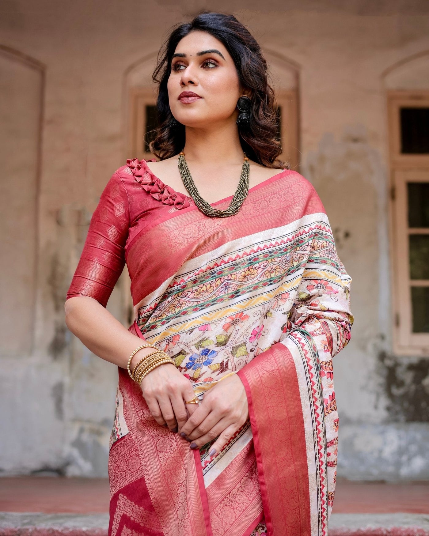 Red and Multicolor Digital Print Banarasi Silk Saree with Zari Weave and Tassel-Adorned Pallu