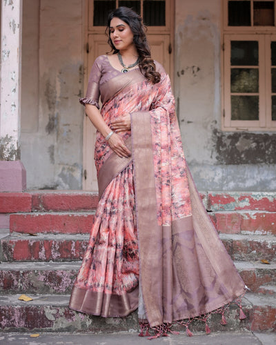 Peach and Brown Abstract Design Banarasi Silk Saree with Zari Weave and Tassel-Embellished Pallu