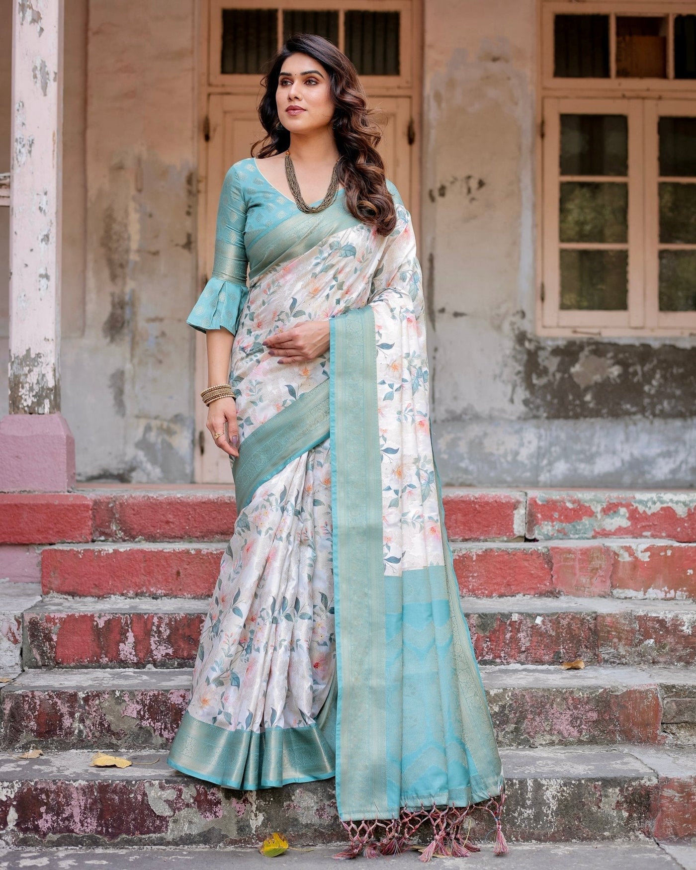 White and Aqua Floral Digital Print Banarasi Silk Saree with Zari Weave and Tassel-Adorned Pallu
