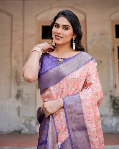 Peach and Purple Floral Digital Print Banarasi Silk Saree with Zari Weave and Tassel-Adorned Pallu