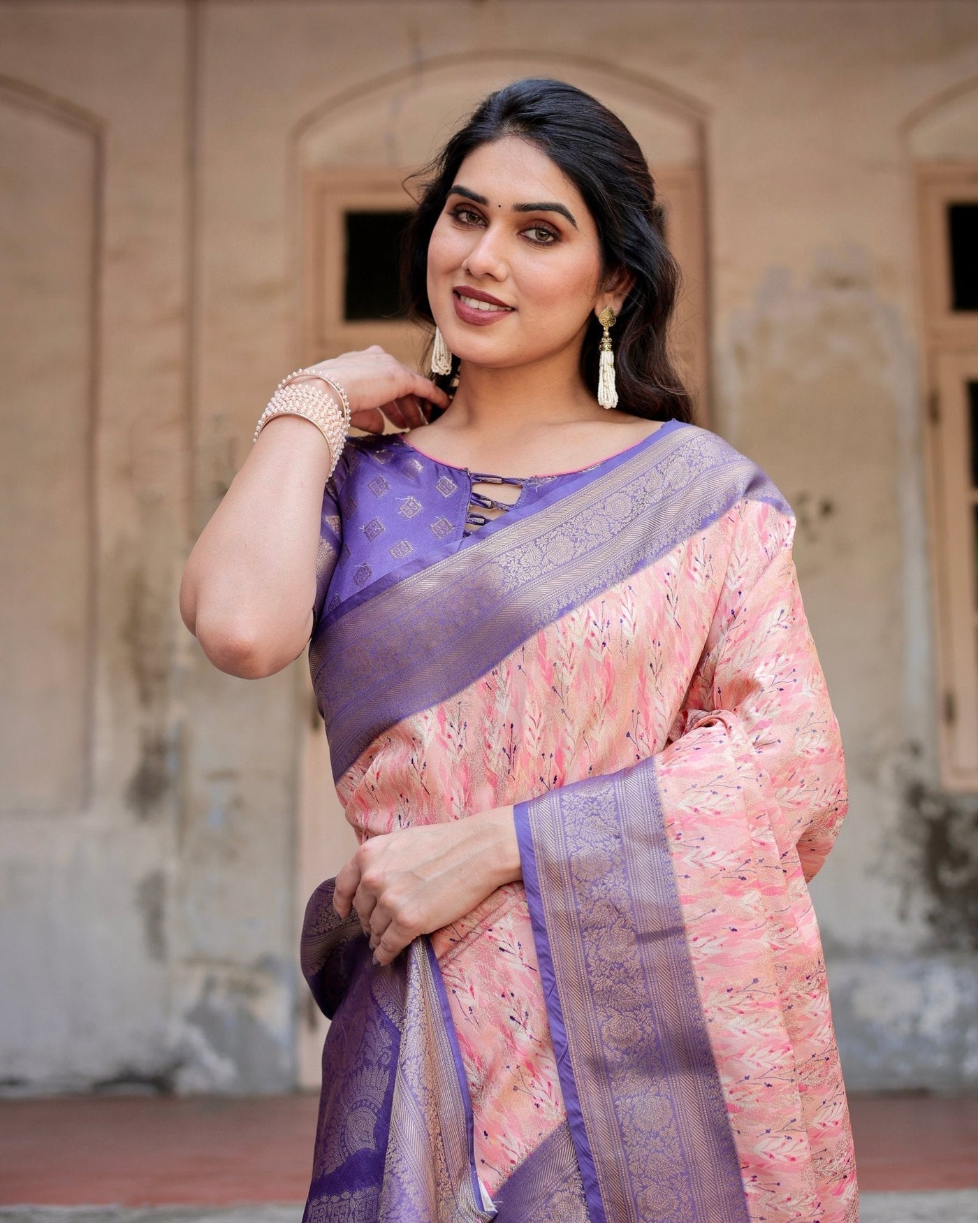Peach and Purple Floral Digital Print Banarasi Silk Saree with Zari Weave and Tassel-Adorned Pallu