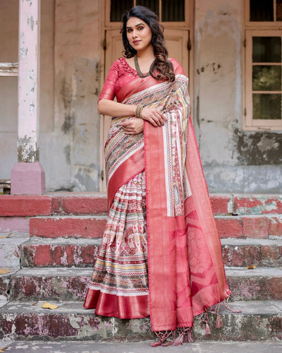Red and Multicolor Digital Print Banarasi Silk Saree with Zari Weave and Tassel-Adorned Pallu