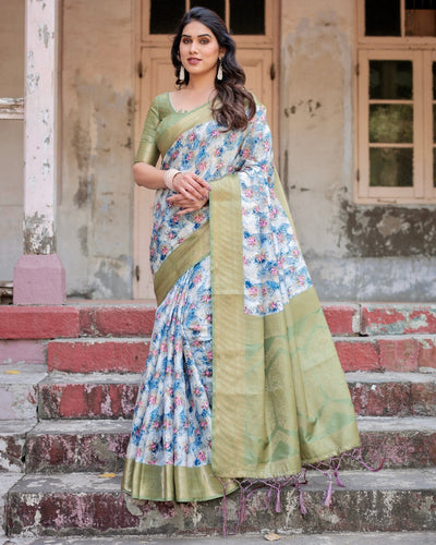 Blue and Green Floral Digital Print Banarasi Silk Saree with Zari Weave and Tassel-Embellished Pallu