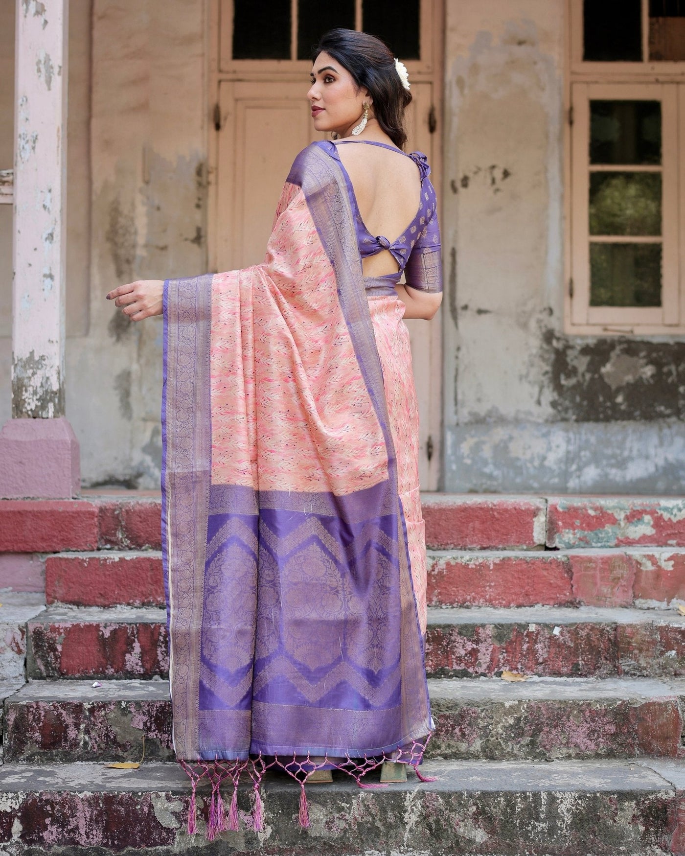Peach and Purple Floral Digital Print Banarasi Silk Saree with Zari Weave and Tassel-Adorned Pallu